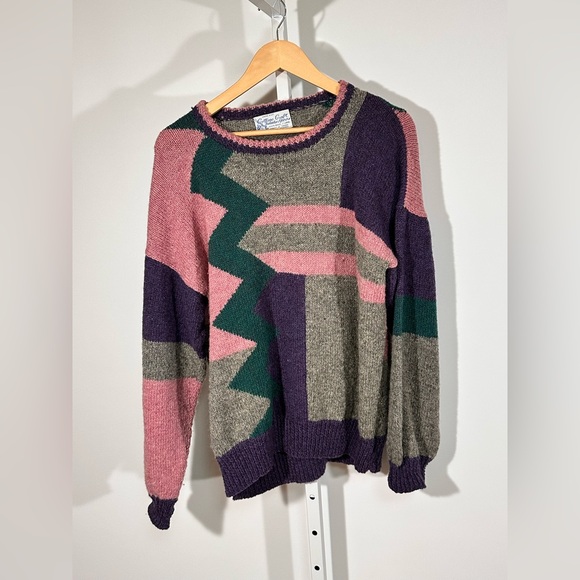 Hand Knit Cottage Craft Tweeds Wool Sweater Geometric Colorblock Canada L/XL